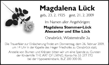 Traueranzeige von Magdalena Lück von Neue Osnabrücker Zeitung GmbH & Co. KG