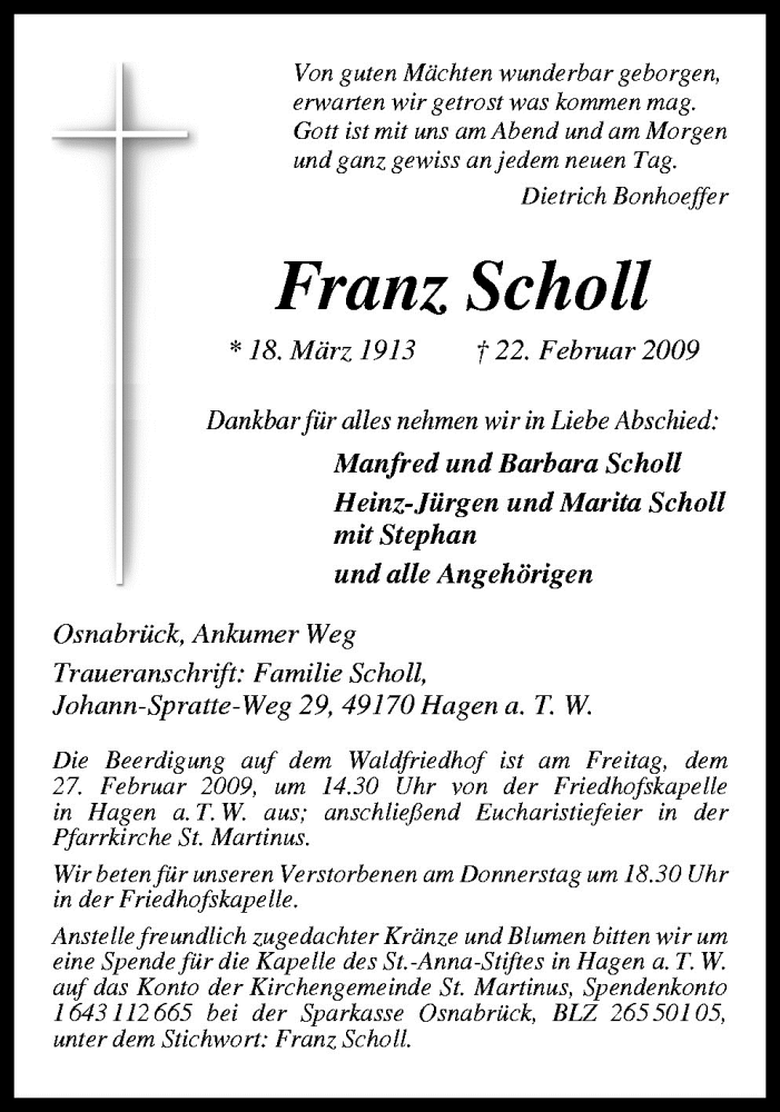  Traueranzeige für Franz Scholl vom 25.02.2009 aus Neue Osnabrücker Zeitung GmbH & Co. KG
