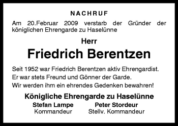 Traueranzeige von Friedrich Berentzen von Neue Osnabrücker Zeitung GmbH & Co. KG