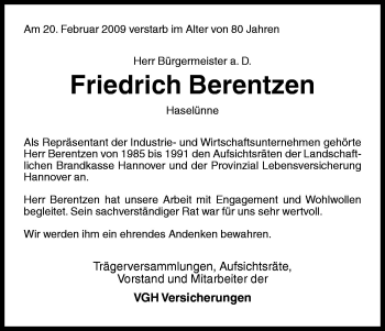 Traueranzeige von Friedrich Berentzen von Neue Osnabrücker Zeitung GmbH & Co. KG