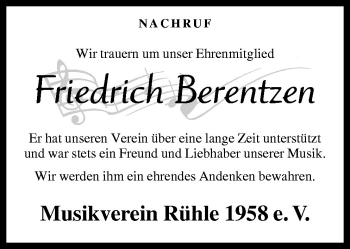 Traueranzeige von Friedrich Berentzen von Neue Osnabrücker Zeitung GmbH & Co. KG