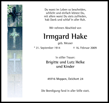 Traueranzeige von Irmgard Hake von Neue Osnabrücker Zeitung GmbH & Co. KG