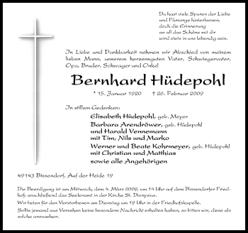 Traueranzeige von Bernhard Hüdepohl von Neue Osnabrücker Zeitung GmbH & Co. KG