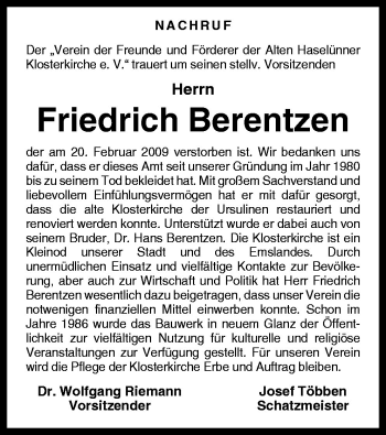 Traueranzeige von Friedrich Berentzen von Neue Osnabrücker Zeitung GmbH & Co. KG