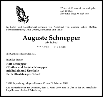 Traueranzeige von Auguste Schnepper von Neue Osnabrücker Zeitung GmbH & Co. KG