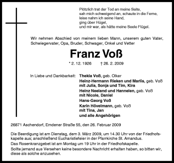 Traueranzeige von Franz Voß von Neue Osnabrücker Zeitung GmbH & Co. KG