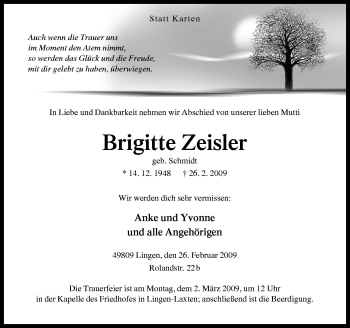 Traueranzeige von Brigitte Zeisler von Neue Osnabrücker Zeitung GmbH & Co. KG