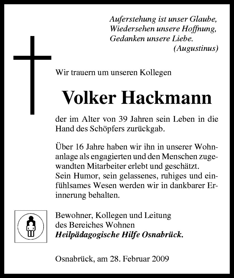  Traueranzeige für Volker Hackmann vom 28.02.2009 aus Neue Osnabrücker Zeitung GmbH & Co. KG