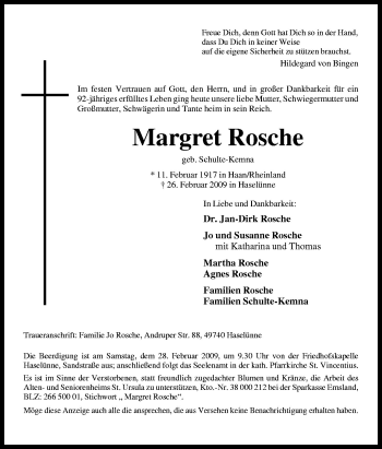 Traueranzeige von Margret Rosche von Neue Osnabrücker Zeitung GmbH & Co. KG