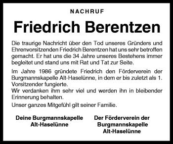 Traueranzeige von Friedrich Berentzen von Neue Osnabrücker Zeitung GmbH & Co. KG
