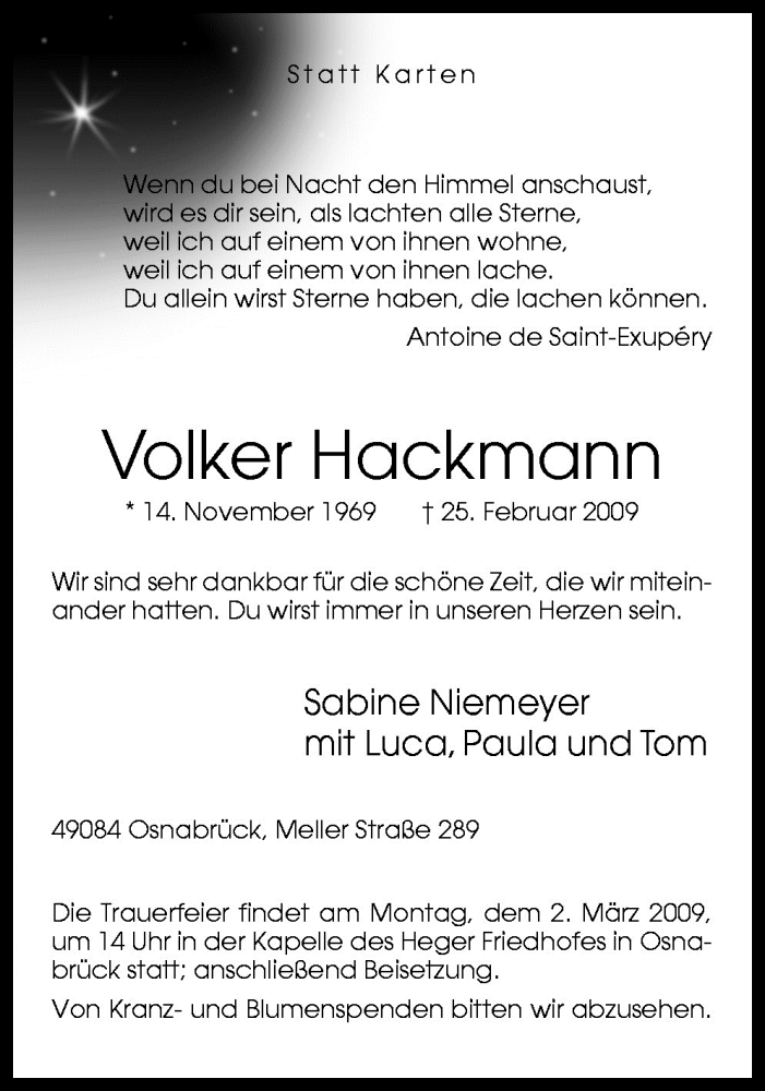  Traueranzeige für Volker Hackmann vom 28.02.2009 aus Neue Osnabrücker Zeitung GmbH & Co. KG