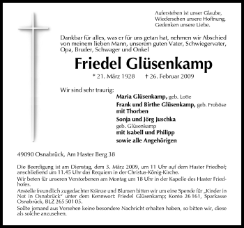 Traueranzeige von Friedel Glüsenkamp von Neue Osnabrücker Zeitung GmbH & Co. KG