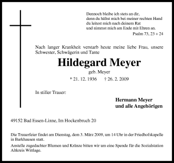 Traueranzeige von Hildegard Meyer von Neue Osnabrücker Zeitung GmbH & Co. KG