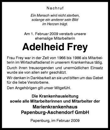 Traueranzeige von Adelheid Frey von Neue Osnabrücker Zeitung GmbH & Co. KG