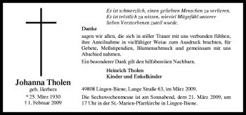 Traueranzeige von Johanna Tholen von Neue Osnabrücker Zeitung GmbH & Co. KG