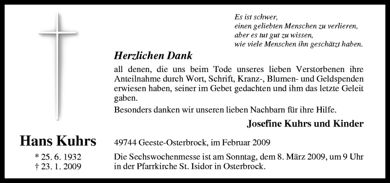  Traueranzeige für Hans Kuhrs vom 04.03.2009 aus Neue Osnabrücker Zeitung GmbH & Co. KG