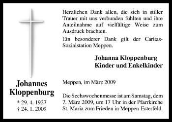Traueranzeige von Johannes Kloppenburg von Neue Osnabrücker Zeitung GmbH & Co. KG