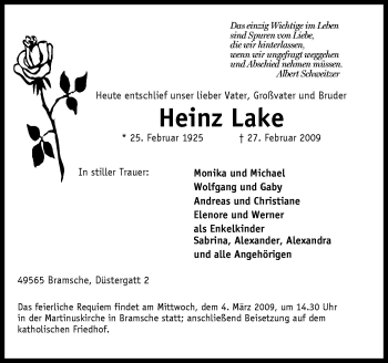 Traueranzeige von Heinz Lake von Neue Osnabrücker Zeitung GmbH & Co. KG