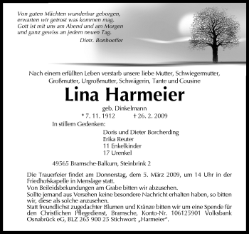 Traueranzeige von Lina Harmeier von Neue Osnabrücker Zeitung GmbH & Co. KG