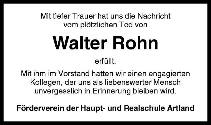  Traueranzeige für Walter Rohn vom 02.03.2009 aus Neue Osnabrücker Zeitung GmbH & Co. KG