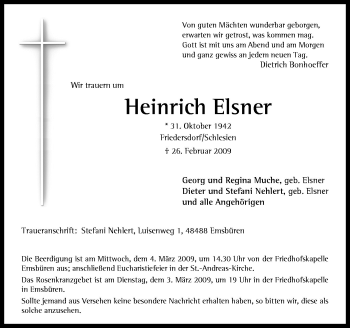 Traueranzeige von Heinrich Elsner von Neue Osnabrücker Zeitung GmbH & Co. KG