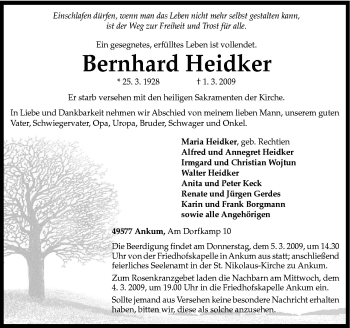 Traueranzeige von Bernhard Heidker von Neue Osnabrücker Zeitung GmbH & Co. KG