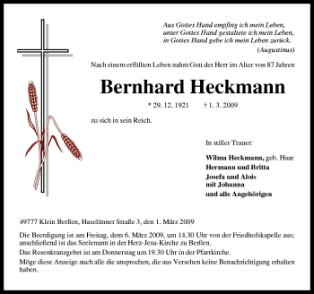 Traueranzeige von Bernhard Heckmann von Neue Osnabrücker Zeitung GmbH & Co. KG