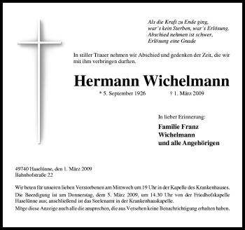 Traueranzeige von Hermann Wichelmann von Neue Osnabrücker Zeitung GmbH & Co. KG