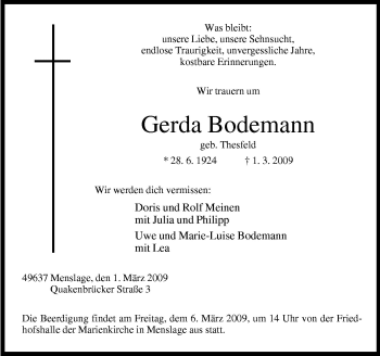 Traueranzeige von Gerda Bodemann von Neue Osnabrücker Zeitung GmbH & Co. KG