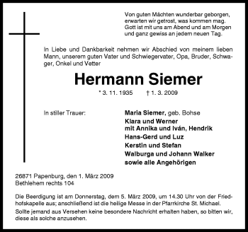 Traueranzeige von Hermann Siemer von Neue Osnabrücker Zeitung GmbH & Co. KG