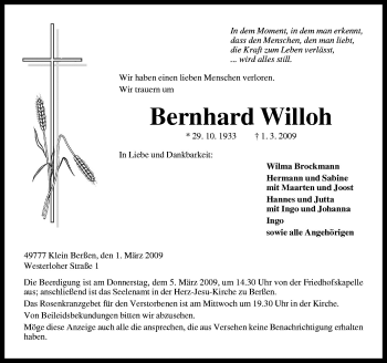 Traueranzeige von Bernhard Willoh von Neue Osnabrücker Zeitung GmbH & Co. KG