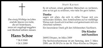 Traueranzeige von Hans Schoe von Neue Osnabrücker Zeitung GmbH & Co. KG