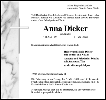 Traueranzeige von Anna Dieker von Neue Osnabrücker Zeitung GmbH & Co. KG