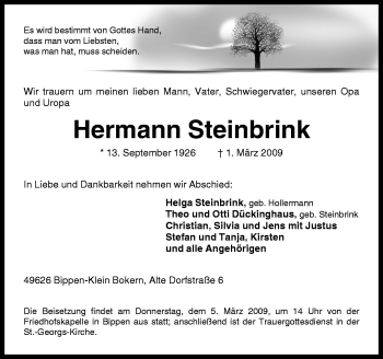 Traueranzeige von Hermann Steinbrink von Neue Osnabrücker Zeitung GmbH & Co. KG