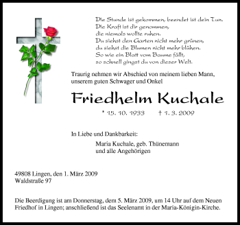 Traueranzeige von Friedhelm Kuchale von Neue Osnabrücker Zeitung GmbH & Co. KG