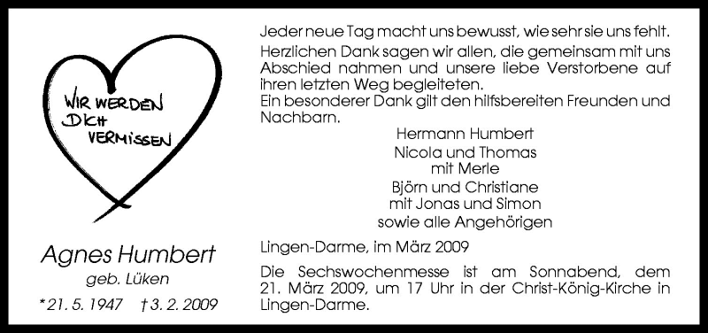  Traueranzeige für Agnes Humbert vom 17.03.2009 aus Neue Osnabrücker Zeitung GmbH & Co. KG