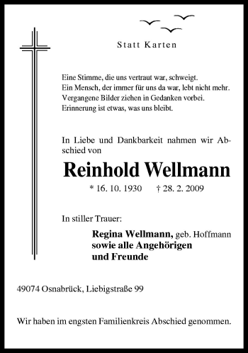 Traueranzeige von Reinhold Wellmann von Neue Osnabrücker Zeitung GmbH & Co. KG