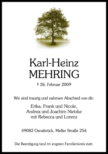Traueranzeige von Karl-Heinz Mehring von Neue Osnabrücker Zeitung GmbH & Co. KG