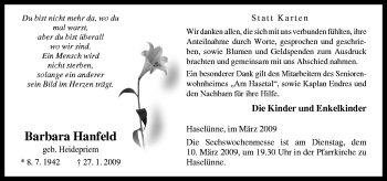 Traueranzeige von Barbara Hanfeld von Neue Osnabrücker Zeitung GmbH & Co. KG