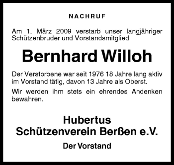 Traueranzeige von Bernhard Willoh von Neue Osnabrücker Zeitung GmbH & Co. KG