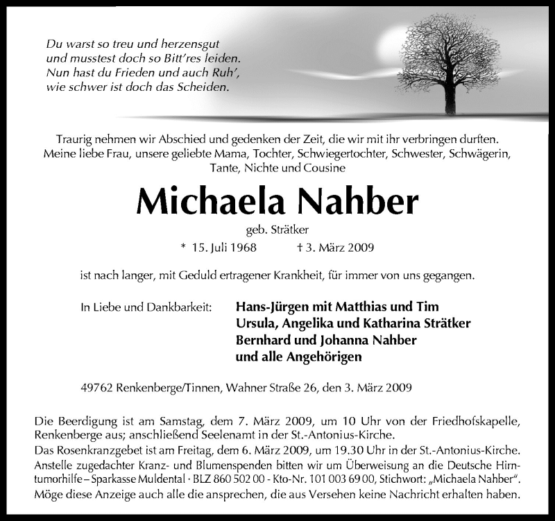  Traueranzeige für Michaela Nahber vom 05.03.2009 aus Neue Osnabrücker Zeitung GmbH & Co. KG