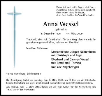 Traueranzeige von Anna Wessel von Neue Osnabrücker Zeitung GmbH & Co. KG