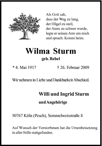 Traueranzeige von Wilma Sturm von Neue Osnabrücker Zeitung GmbH & Co. KG