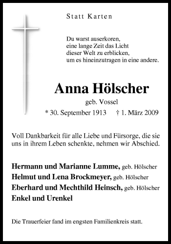Traueranzeige von Anna Hölscher von Neue Osnabrücker Zeitung GmbH & Co. KG