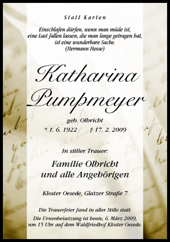 Traueranzeige von Katharina Pumpmeyer von Neue Osnabrücker Zeitung GmbH & Co. KG