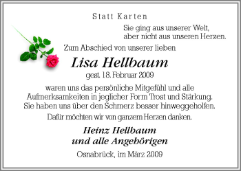 Traueranzeige von Lisa Hellbaum von Neue Osnabrücker Zeitung GmbH & Co. KG