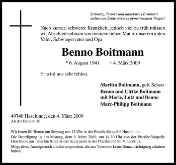 Traueranzeige von Benno Boitmann von Neue Osnabrücker Zeitung GmbH & Co. KG