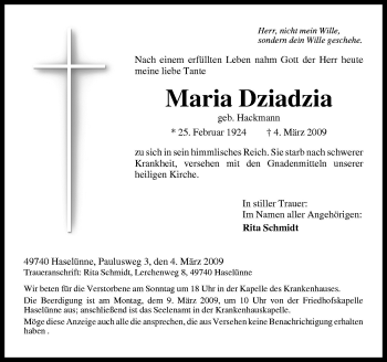 Traueranzeige von Maria Dziadzia von Neue Osnabrücker Zeitung GmbH & Co. KG