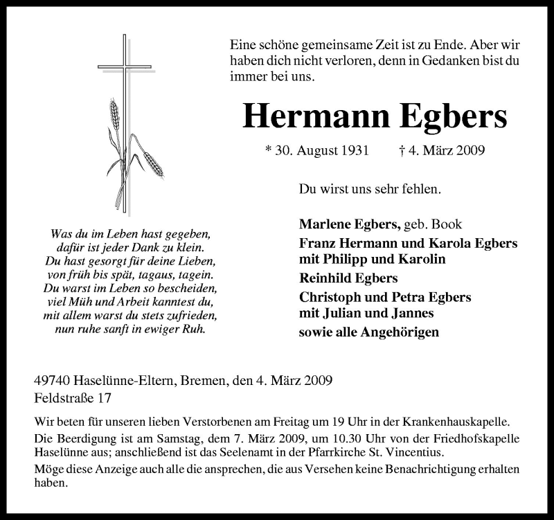  Traueranzeige für Hermann Egbers vom 06.03.2009 aus Neue Osnabrücker Zeitung GmbH & Co. KG