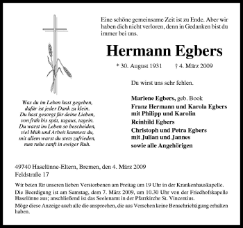Traueranzeige von Hermann Egbers von Neue Osnabrücker Zeitung GmbH & Co. KG